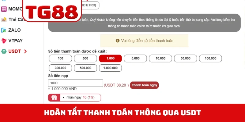 Hoàn tất thanh toán thông qua USDT