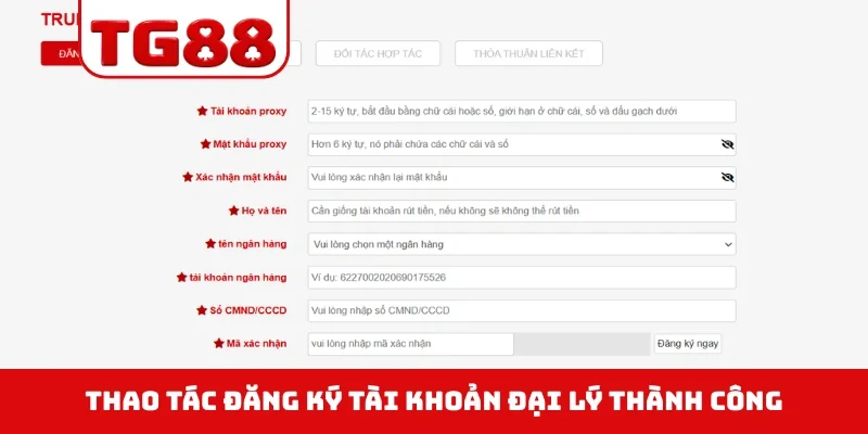 Thao tác đăng ký tài khoản đại lý thành công
